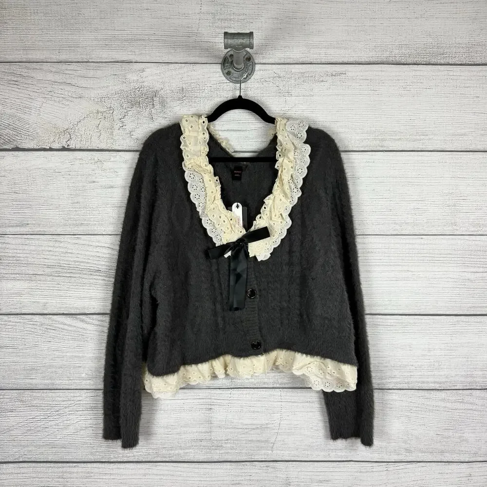 Romwe Plus Size Gray Fuzzy Eyelet Lace Trim Button Up Sweater Cardigan Size 4XL